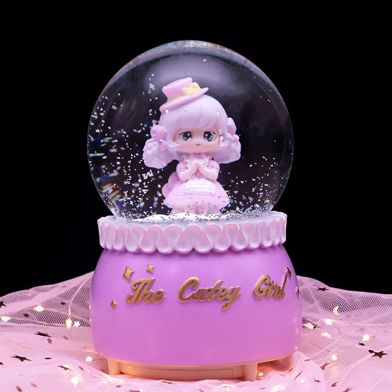 Cartoon Cute Girl Music Box Lolita Floating Snow Light Octave Box Decorative Resin Ornaments Valentine's Day Student Craft Gifts