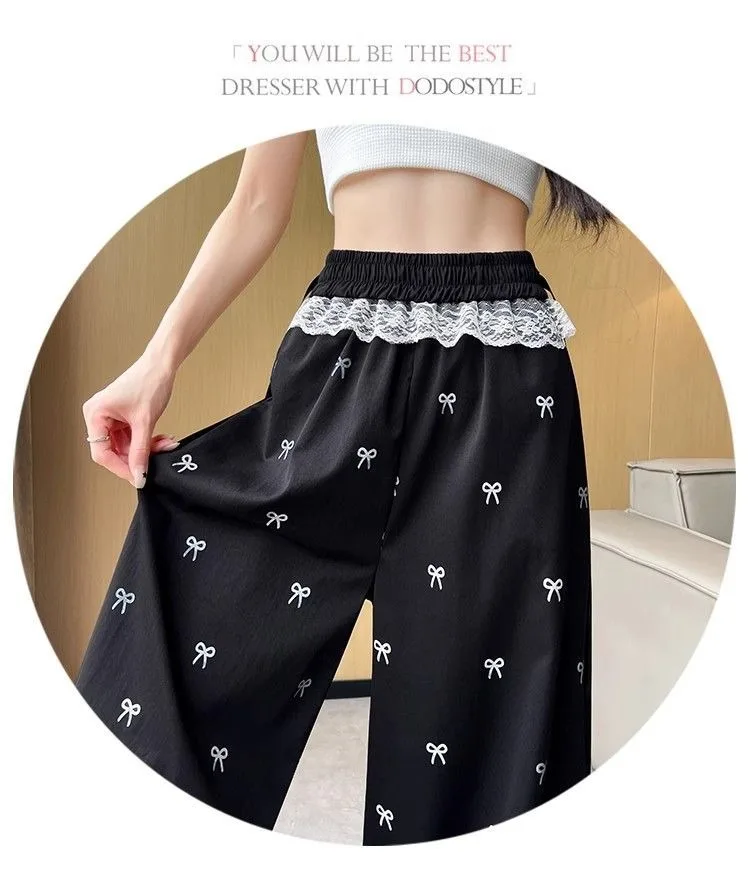 Süße und würzige Mädchenhose mit Spitzenbesatz, lässige Hose mit Schmetterlings-Schleife, lockere Damen-Hose mit weitem Bein, gerade geschnittene Hose – Detail 6