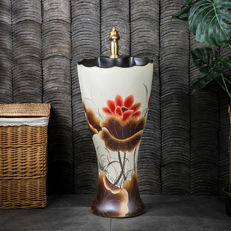 

Ceramic column type washbasin, floor standing washbasin, Chinese style courtyard outdoor integrated column basin, balcony