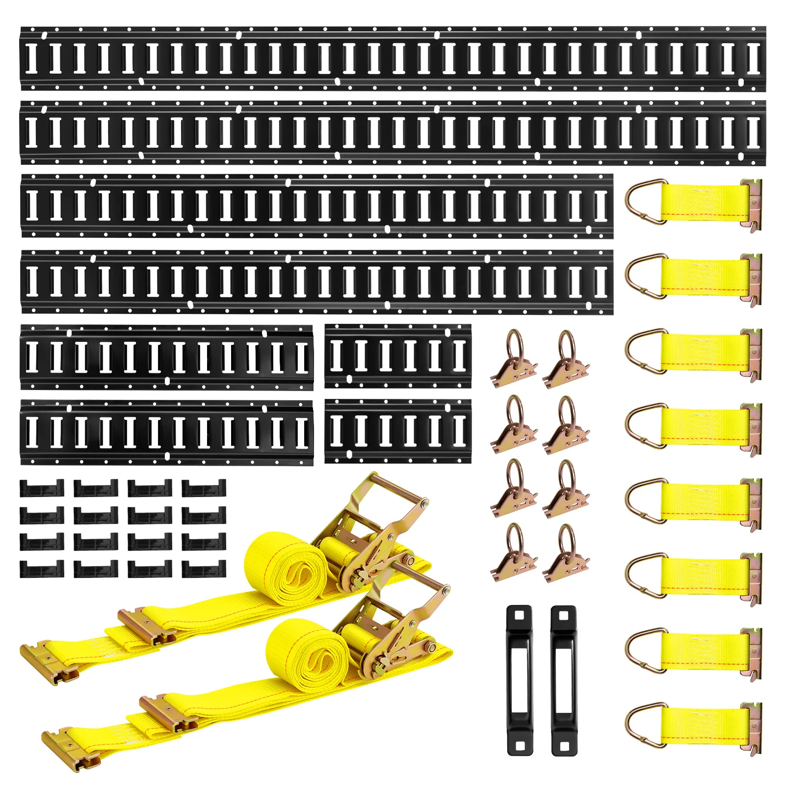 SucceBuy Kit de fixation pour rail E-Track, 8 pièces, rails E-Track de 5 pieds/4 pieds/2 pieds/1 pied avec 2 sangles à cliquet et 8 anneaux toriques pour fourgons et remorques