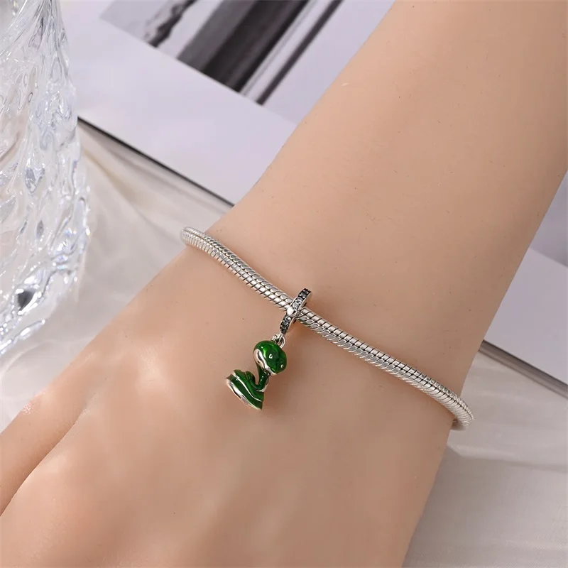 New 925 Sterling Silver Fashion Small Green Snake Rose Spirit Snake Charms Beads For Brand Original Bracelet DIY Jewelry Gift