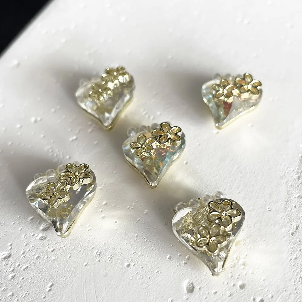 -Add Whimsy- Askew Heart Crystal Body Charms Flower Added Heart Diamonds Jewelry Golden Bottom Pearl Adorn Nail Ornaments 404art