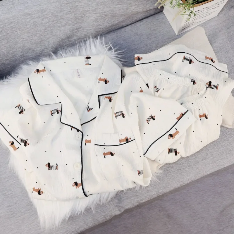 Puppy Dot Print Women's Pajamas Set Summer 2026 New Casual Lapel Neck Sweet Cute Pajamas Cartoon Fashion Sleepwear Korean Style