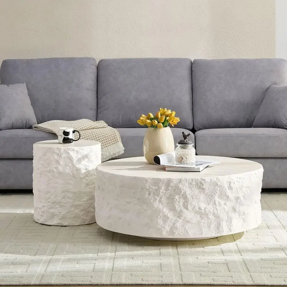 White Marble-Grain Coffee Table Set with Side Table, Suitable for Living Room, Bedroom, and Office, Easy Assembly-Free Living Ro