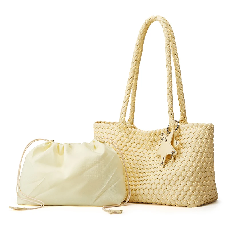 Elegant Fashionable Women's Tote Bag with Drawstring Underarm Mat Mother-Child Design Woven Single Shoulder Bag