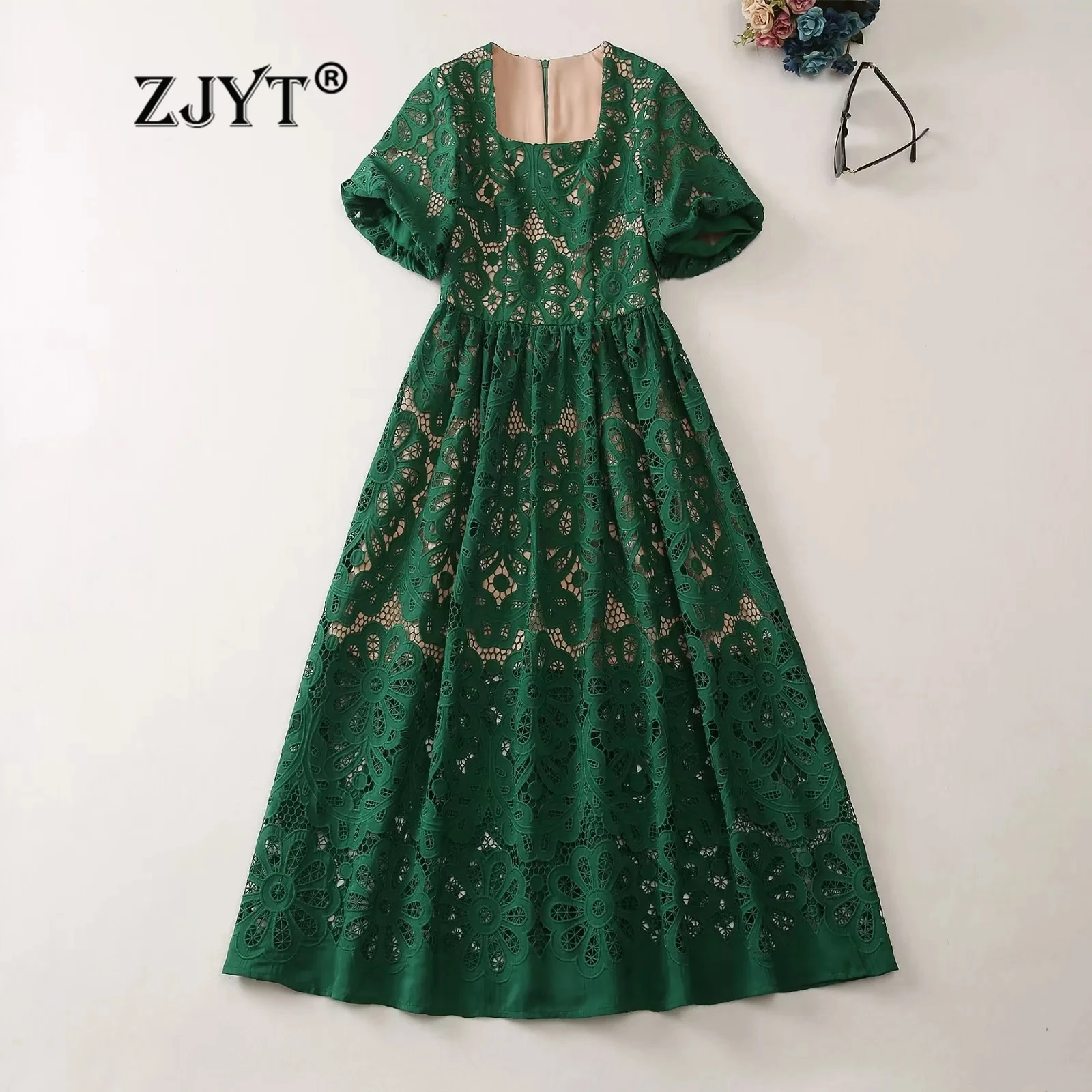 

ZJYT Women Hollow Out Embroidery Green Dress Square Collar Midi Elegant Puff Sleeve Holiday Party Dresses Summer 2025 Runway