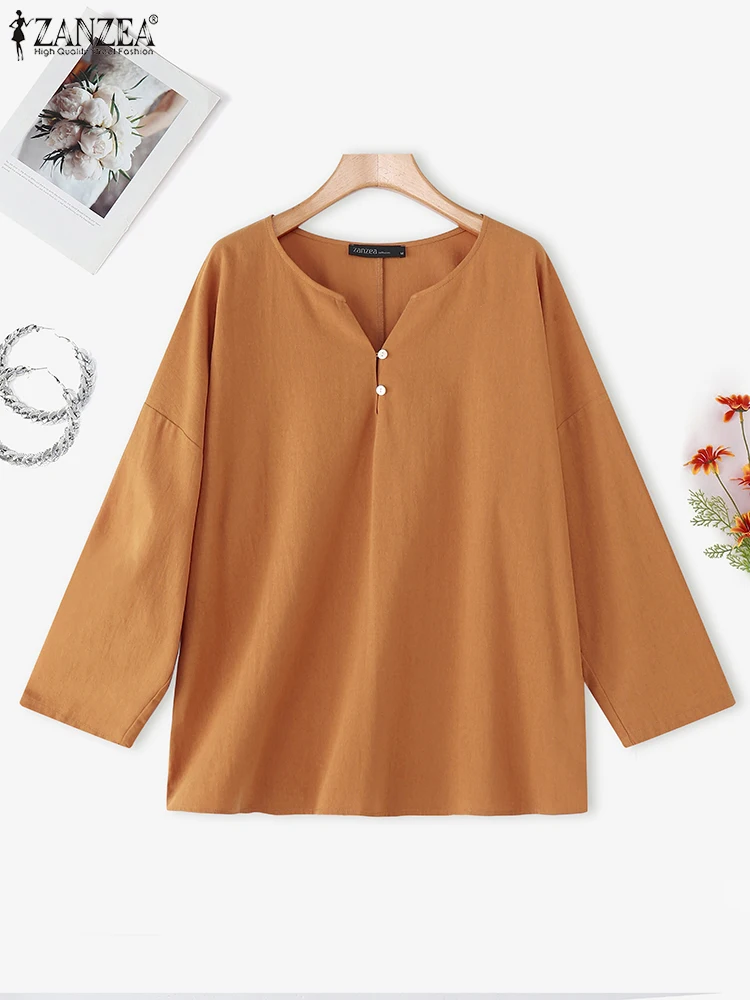 

2025 ZANZEA Autumn Blouse Vintage Cotton Shirt Stylish Women Long Sleeve Tops Female Work OL Shirts Casual V Neck Buttons Blusas