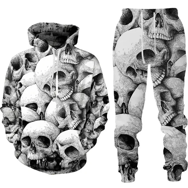 Autumn Winter Men Punk Hoodies Suit Skull 3D Print Tracksuit/Pants Goth Skeletons Long Sleeve Pullover Oversize Kids Sets