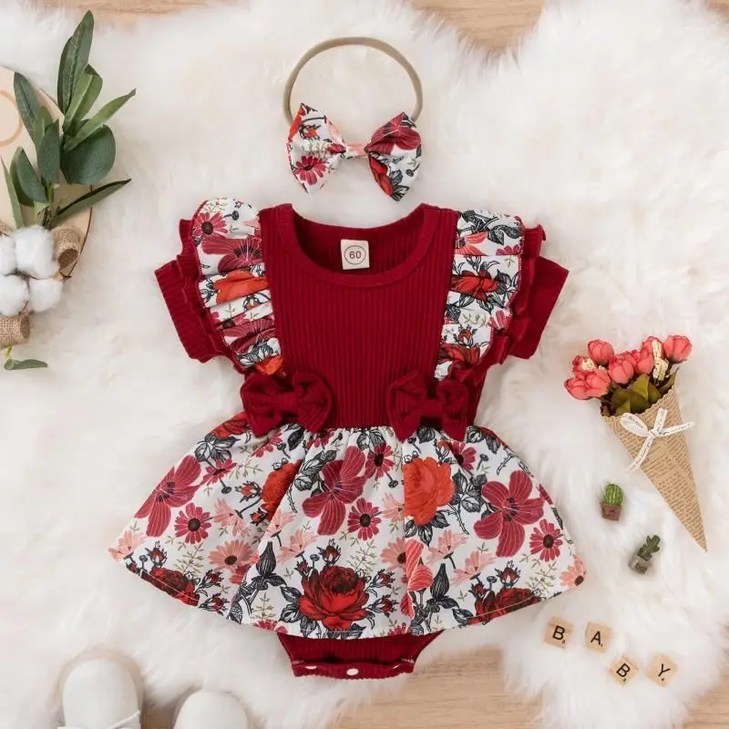 

Summer New Newborn Baby Sweetheart jumpsuit Girl's Lace Short Sleeve Bow Dress 0-2Y