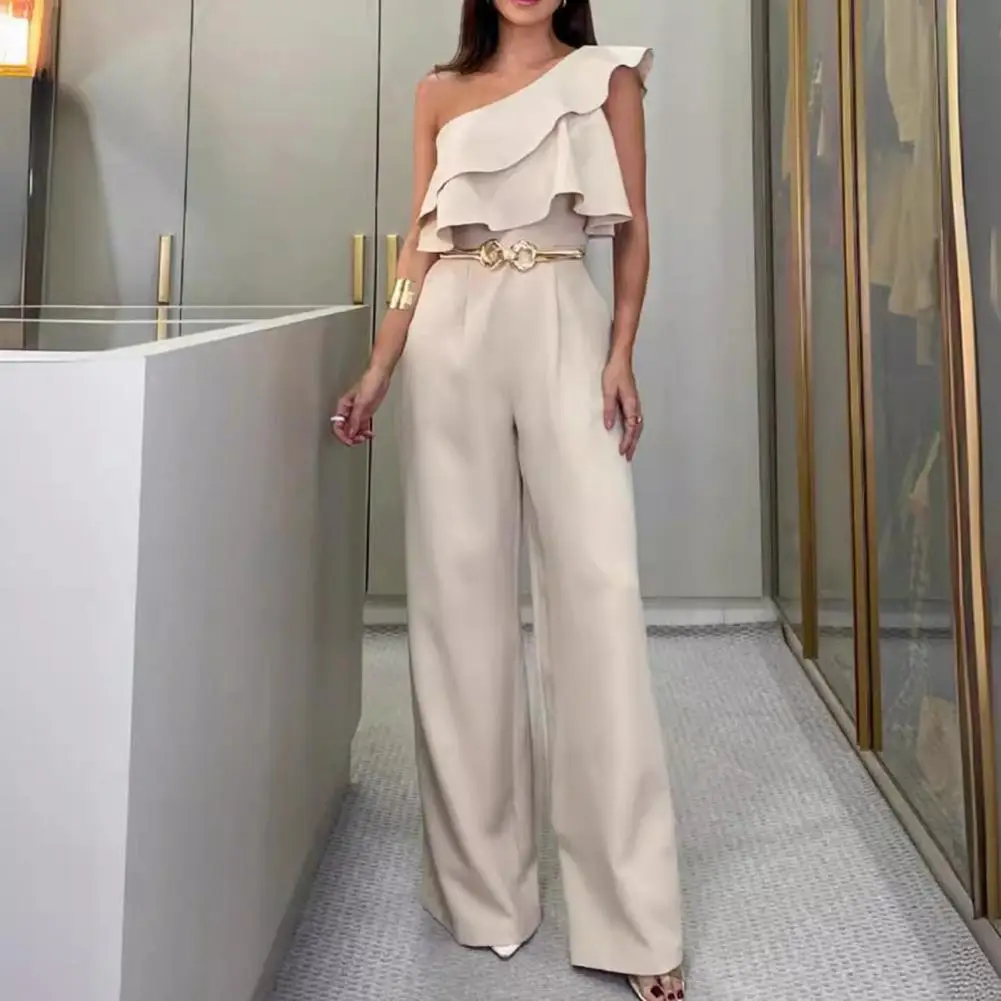 

Women Jumpsuit Elegant One Shoulder Ruffle Jumpsuit for Women Stylish Wide Leg High Waist Jumpsuit with Slim Fit for Summer