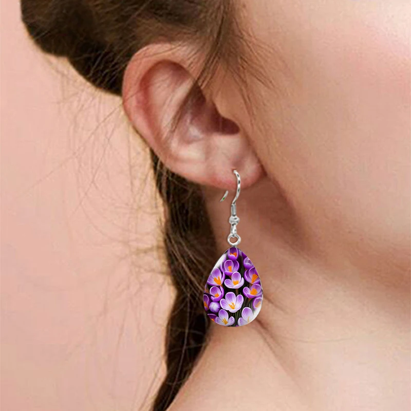 2024 New Fashion Purple Crocus Beautiful Flowers Botanic Tear Drop Fish Hook Earrings Handmade Stainless Steel Jewelry Earrings image 6