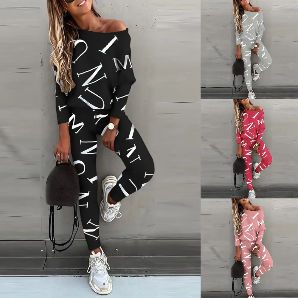 

Sporty Women Blouse Pants Letters Print Tracksuit Cotton Blend Sweatsuit Women Spring Letters Outfit for Autumn