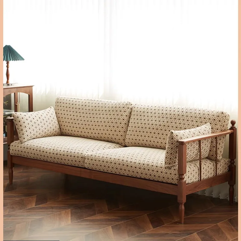 

Nordic living room furniture retro solid wood sofa three-person fabric art North American black walnut modern simple small