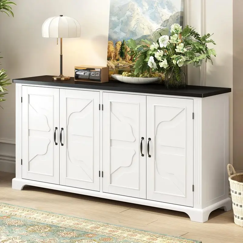 

American Country Style Wooden Sideboard with Pine Doors & Legs, 4 Metal Handles for Hallway, Entryway, Living Room, Dining Room