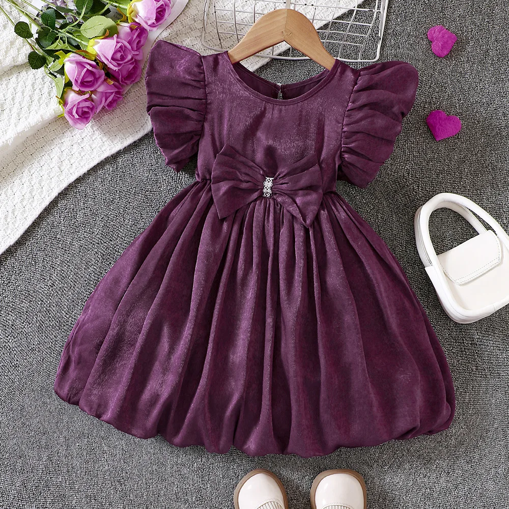 2024 Summer New Arrival Girls Short Puff Sleeve Bow Sashes Purple Dress Infantil Menina Cute Party Dress Custume 4-7T