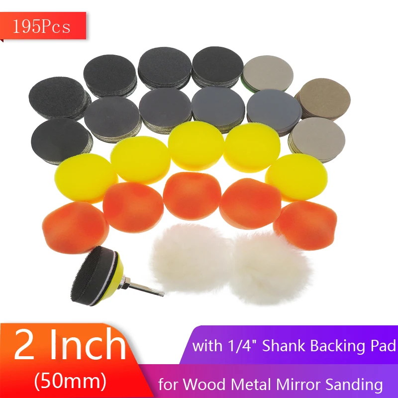 

195 Pcs 2 Inch Sanding Discs Wet Dry Sandpaper with Backing Pad Buffing Pad Assorted Grit for Wood Metal Mirror Jewelry Grinding