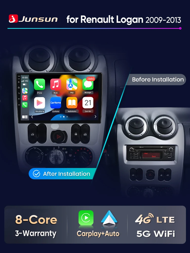 Junsun Android Auto autoradio voor Renault Logan 1 Sandero 2009 2010 2011-2013 Multimedia draadloze CarPlay SWC GPS navigatie RDS DSP - afbeelding 2