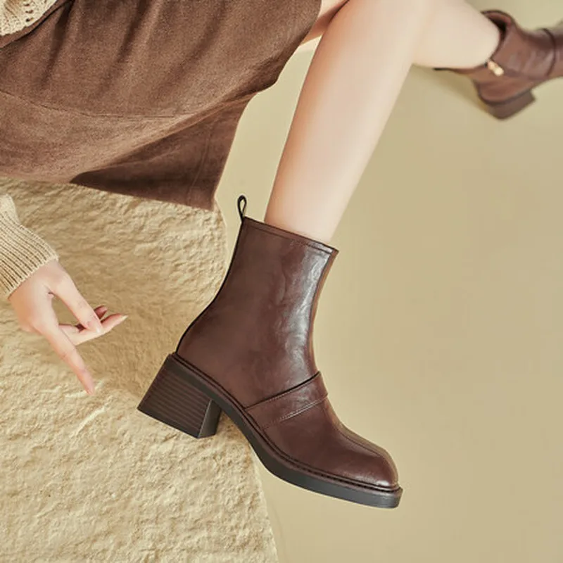 Winter Warm Snow  Square Toe Wool Boots Women Cow Split Leather Upper Sheepskin Fur Lined 6cm Block Heel Side Zipper F461