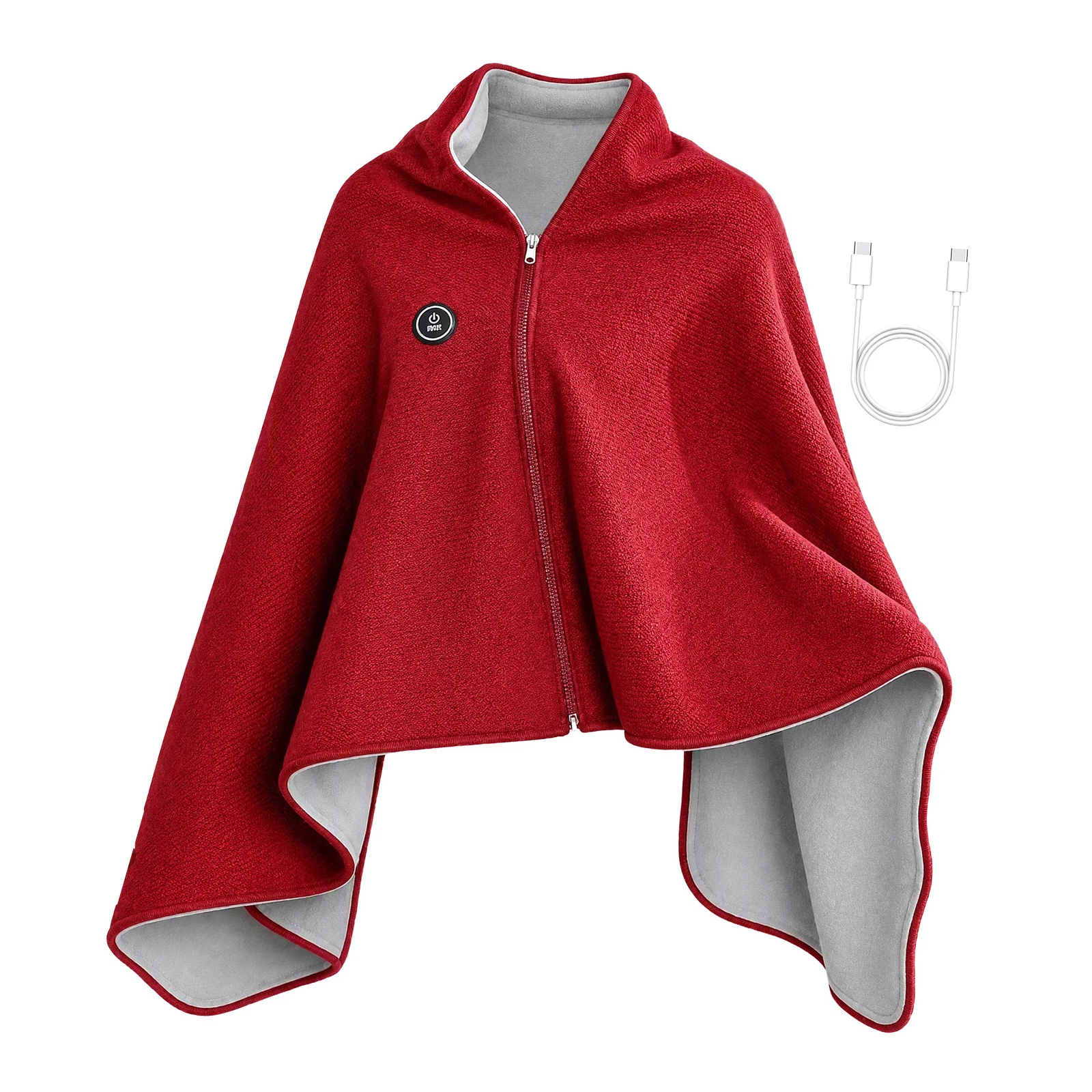 Wearable USB Heated Poncho Cape Blanket Shawl 3 Heat Levels Zipper Soft Knit Plush Lining Foldable Washable