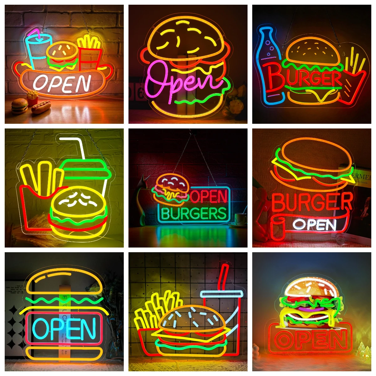 Open Neon Sign USB Burger Fries & Drink LED Neon Light for Restaurant Fast Food Shop Bar Decoration Gift Business Wall Light