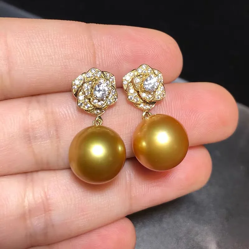 

Large quantity of AAAA 11mm genuine South China Sea natural gold pearl earrings 925s