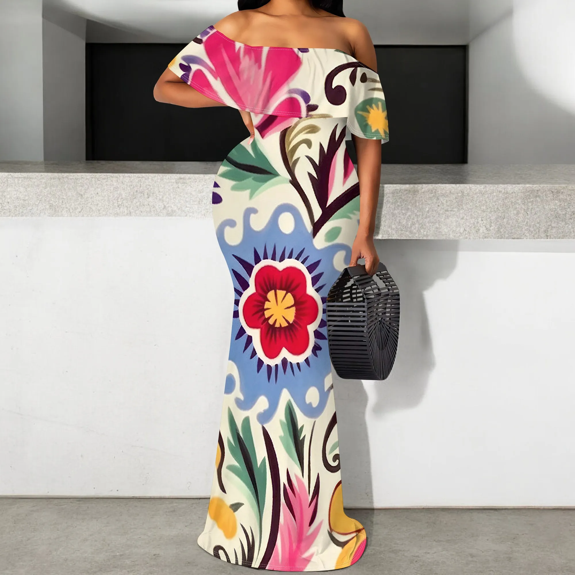 

Boho Off-Shoulder Women's Maxi Dress S-3XL, Colorful Floral Print with Pink, Yellow & Blue