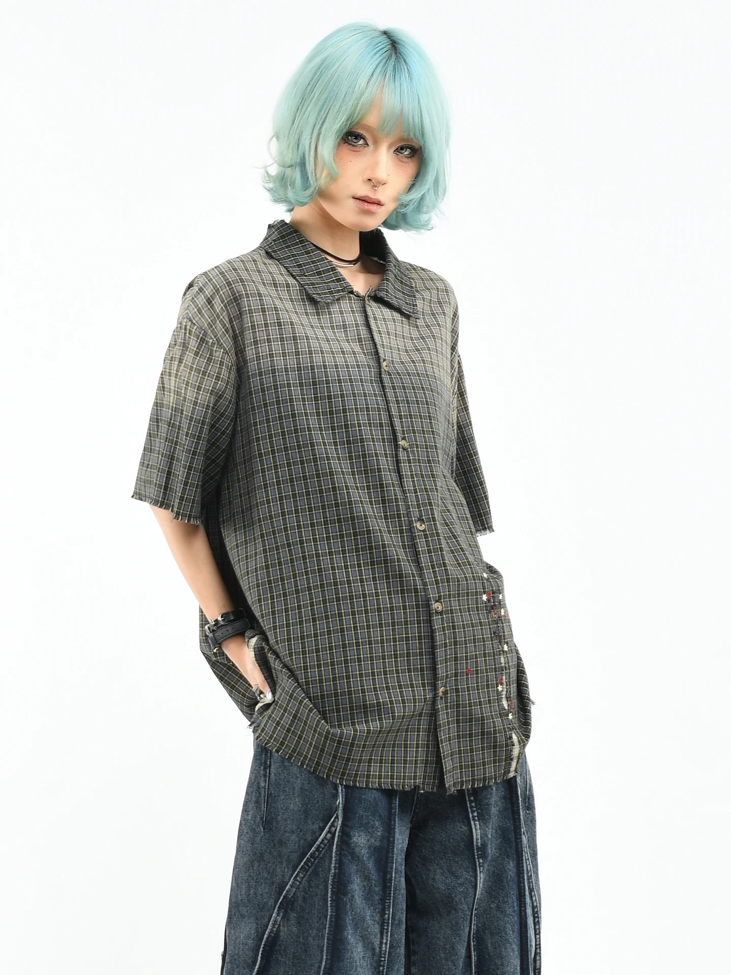 Camisa OV Original Retro a Cuadros con Degradado Lavado, Manga Corta, Holgada, Informal, para Mujer y Hombre, Mezcla de Algodón Lavado a Mano