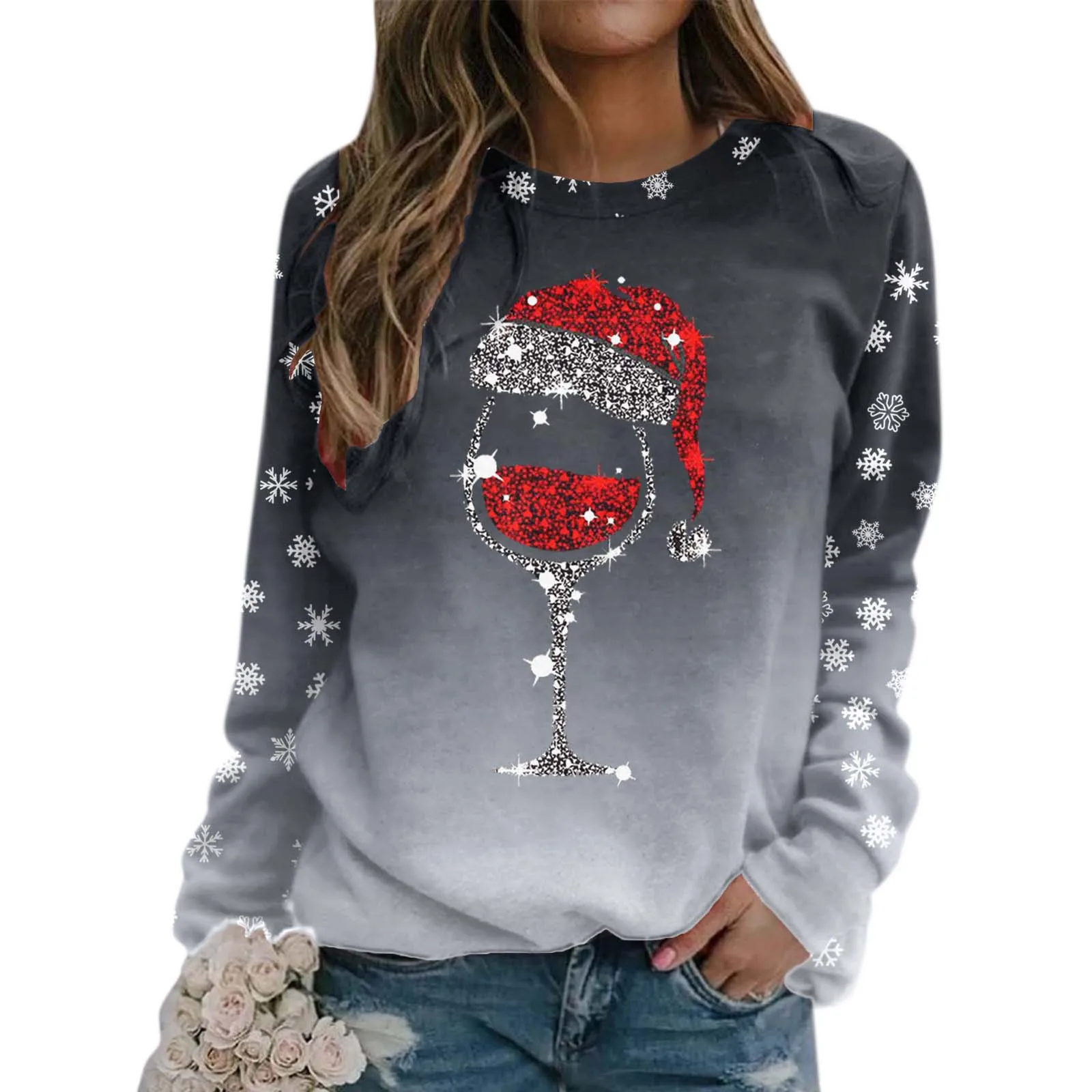 Plus Size Women\'s Clothing Casual Soft Warm Wine Glasses Print Harajuku Christmas Sweatshirts For Female Women\'s Fashion Hoodies