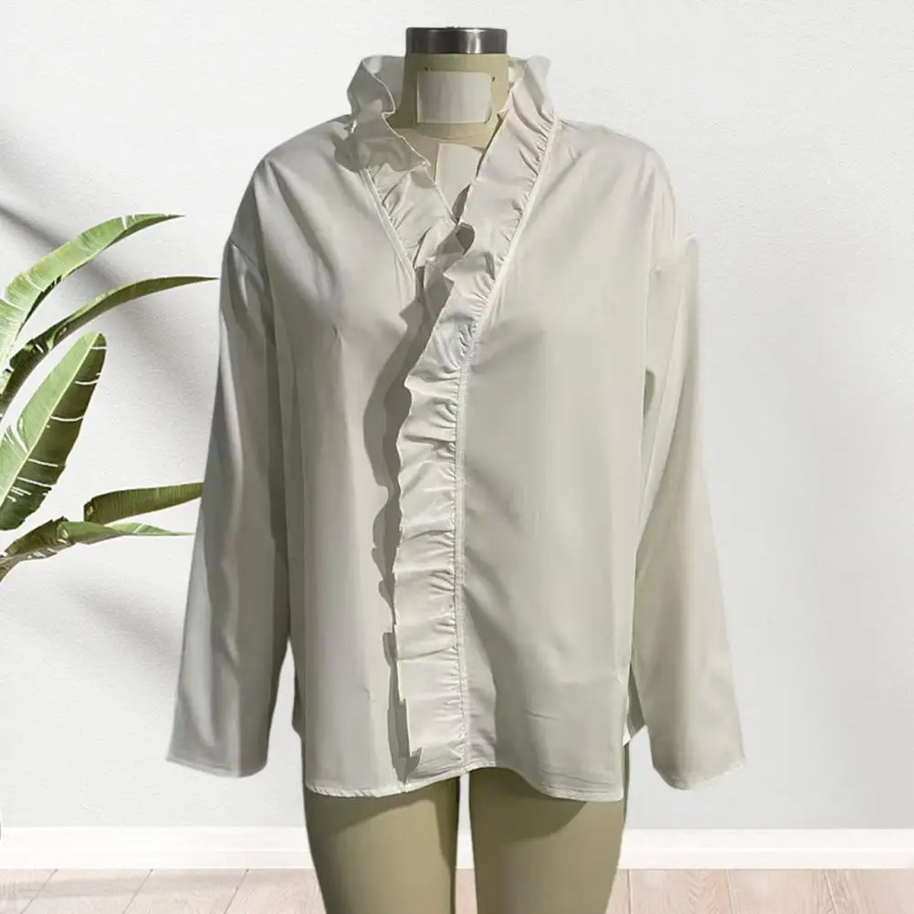 

Women Shirt V-Neck Ruffle Trim Long Sleeve Pullover Tops Regular Fit Basic Collar Solid Color Casual Tops Daily Wear Regular Fit