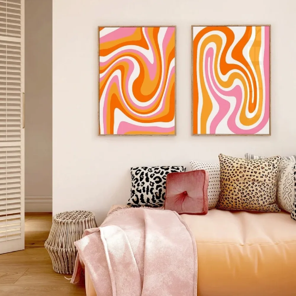 2pcs Frameless,2D Flat ,2pcs Frameless Modern Abstract Wave Bold Orange Pink Canvas Wall,Minimalist Swirl Pattern Poster,Living