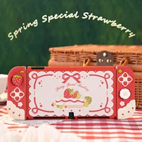 Geekshare-funda protectora de silicona con diseño de fresa y funda JoyCon para Nintendo Switch/OLED con 1 par de empuñaduras personalizadas