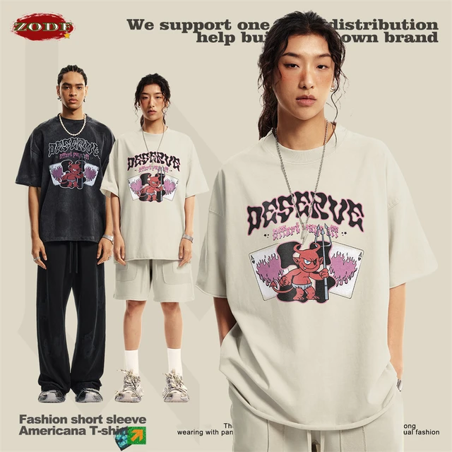 ZODF America Retro letnie 100% bawełniane koszulki dla mężczyzn Unisex prane 310gsm wygodne koszulki z nadrukiem główna ulica topy HY0862
