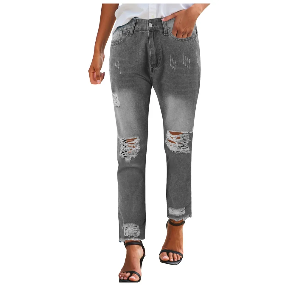 Trendy Straight Leg Ladies Long Pants Straight Leg Jeans For Women Mid Rise Comfy Fit Distressed Jeans Casual лонгслив женский