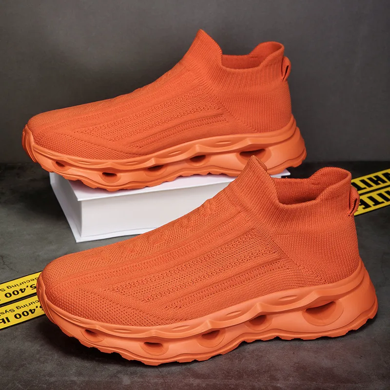 Trend Orange Knit Sock Shoes Unisex Big Size 48 Platform Light Sneakers Men Comfy Breathable Man High Top Sneakers tenis hombres