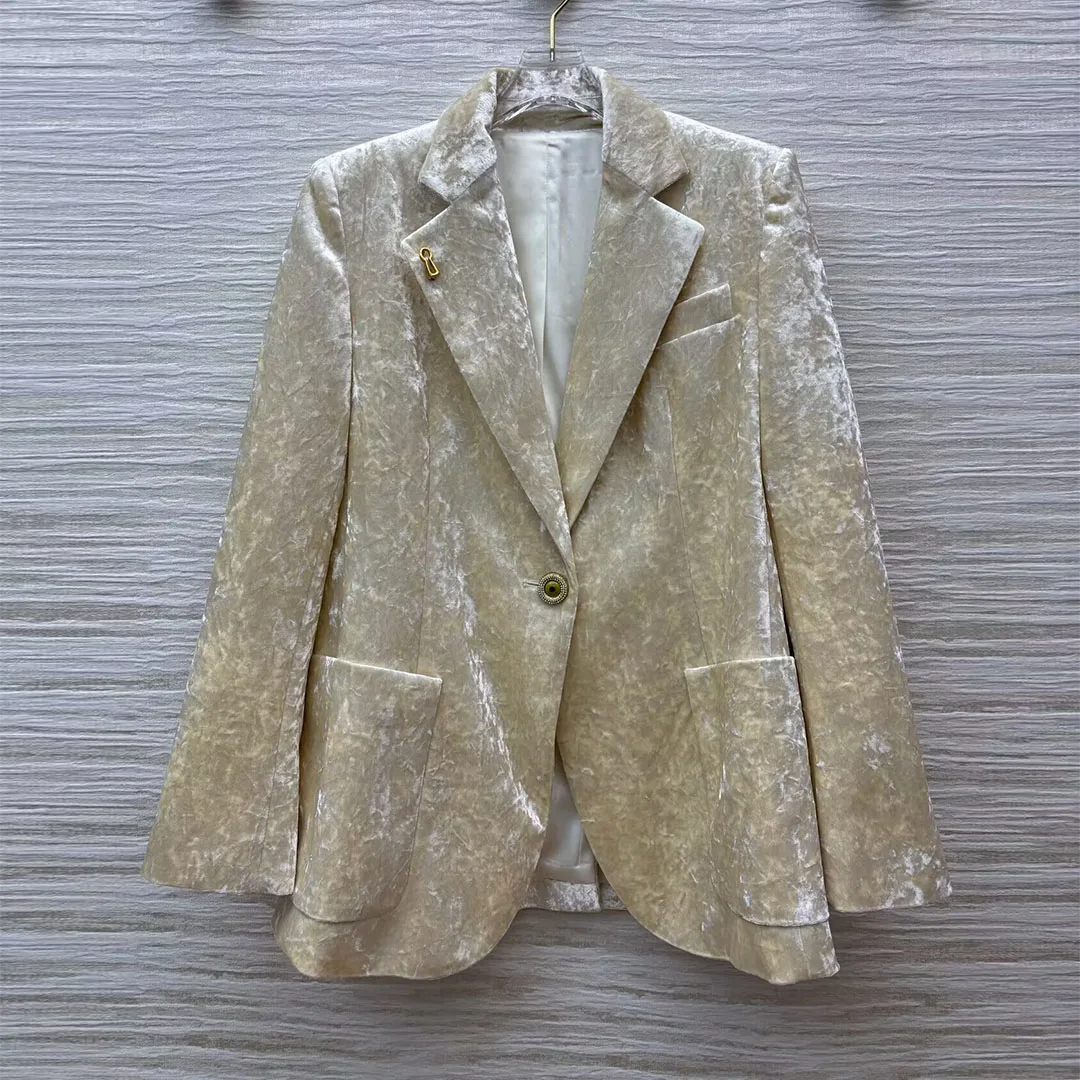 

High Quality Novelty Gold Eye Buttons Velvet Blazer Jacket Women Lapel Pockets Long Sleeve Elegant Vintage Suit New Autumn Coat