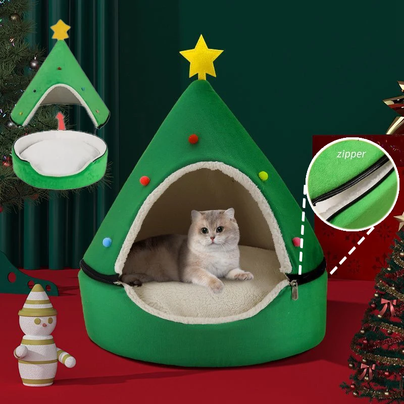 

2026 New Christmas Tree Cat House Semi Enclosed Warm Plush Detachable Cave Bed for Small Dogs Cats Winter Deep Sleep Pet Nest