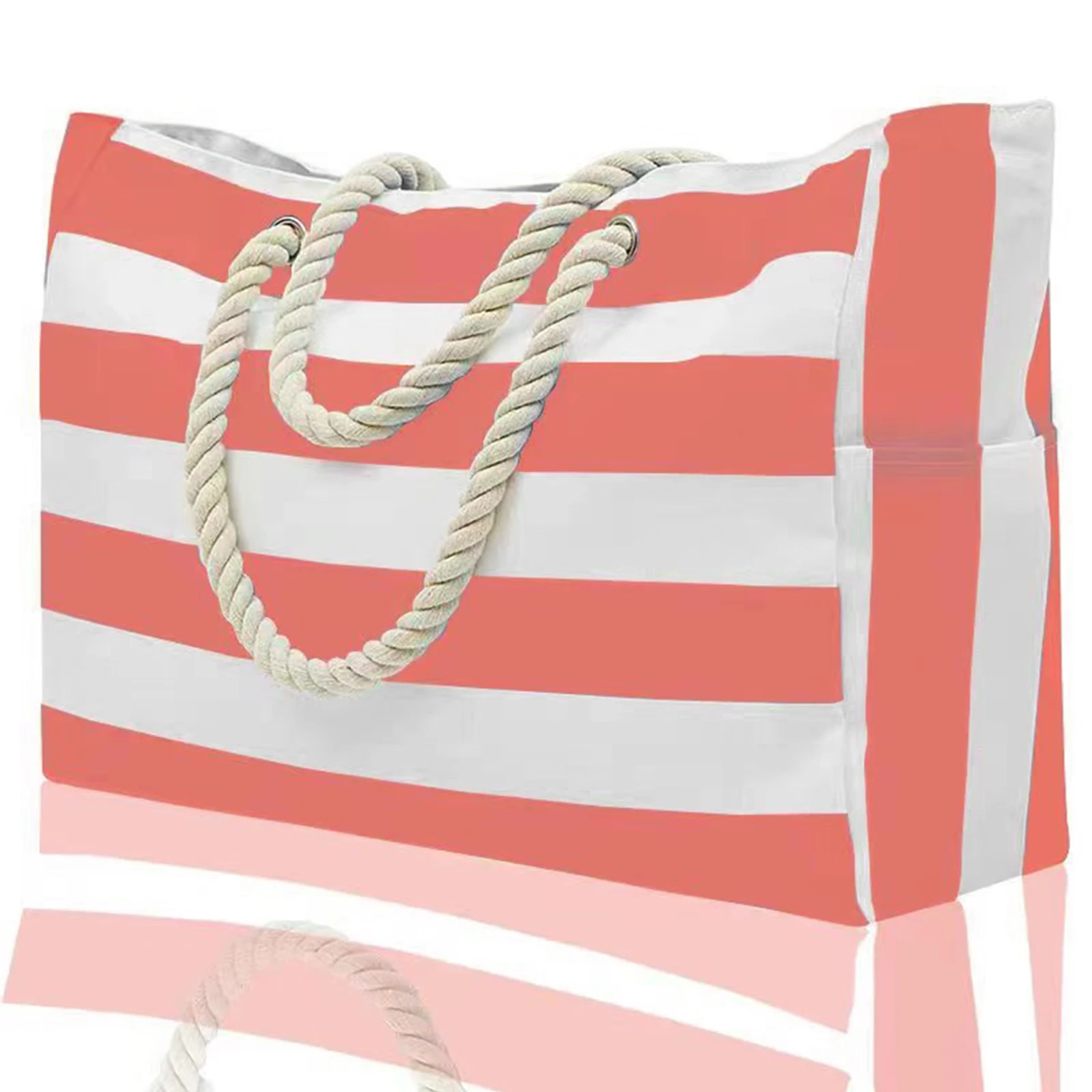 Gestreifter Reißverschluss-Außenbeutel für Outdoor-Reisen und Urlaub, Wasserdichtes und Sandbeständiges Canvas, Praktische Faltbare Strandtasche-zmt – Detail 11