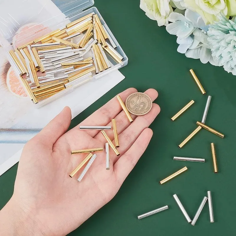 Brass Tube Beads 100pcs 2 Colors Golden/Silver Macrame Spacer Beads with 4mm Large Hole Noodle Tube Beads for DIY Sewing Craft