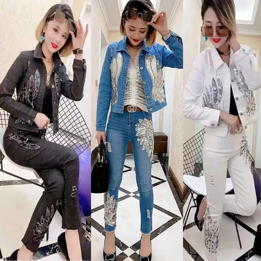 

Fashion Denim Pants Sets Women's Jeans 2023 Slim Elastic Sequins Phoenix Flower Ragged Pencil Jeans Jacket Alternative Fashion