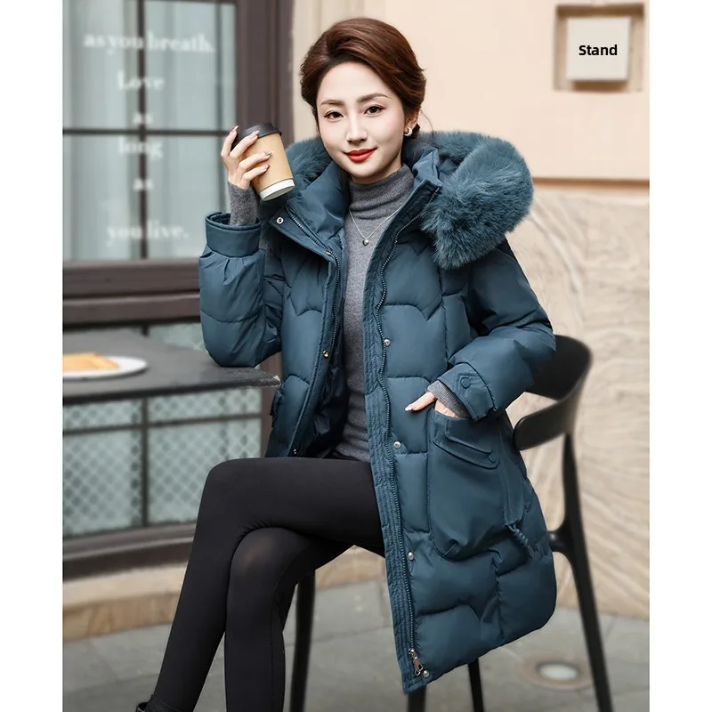 الشتاء Thiened فضفاض المرأة Jaet منتصف العمر أمي القطن معطف Sli منتصف طول سستة إغلاق مقنعين اللون #4