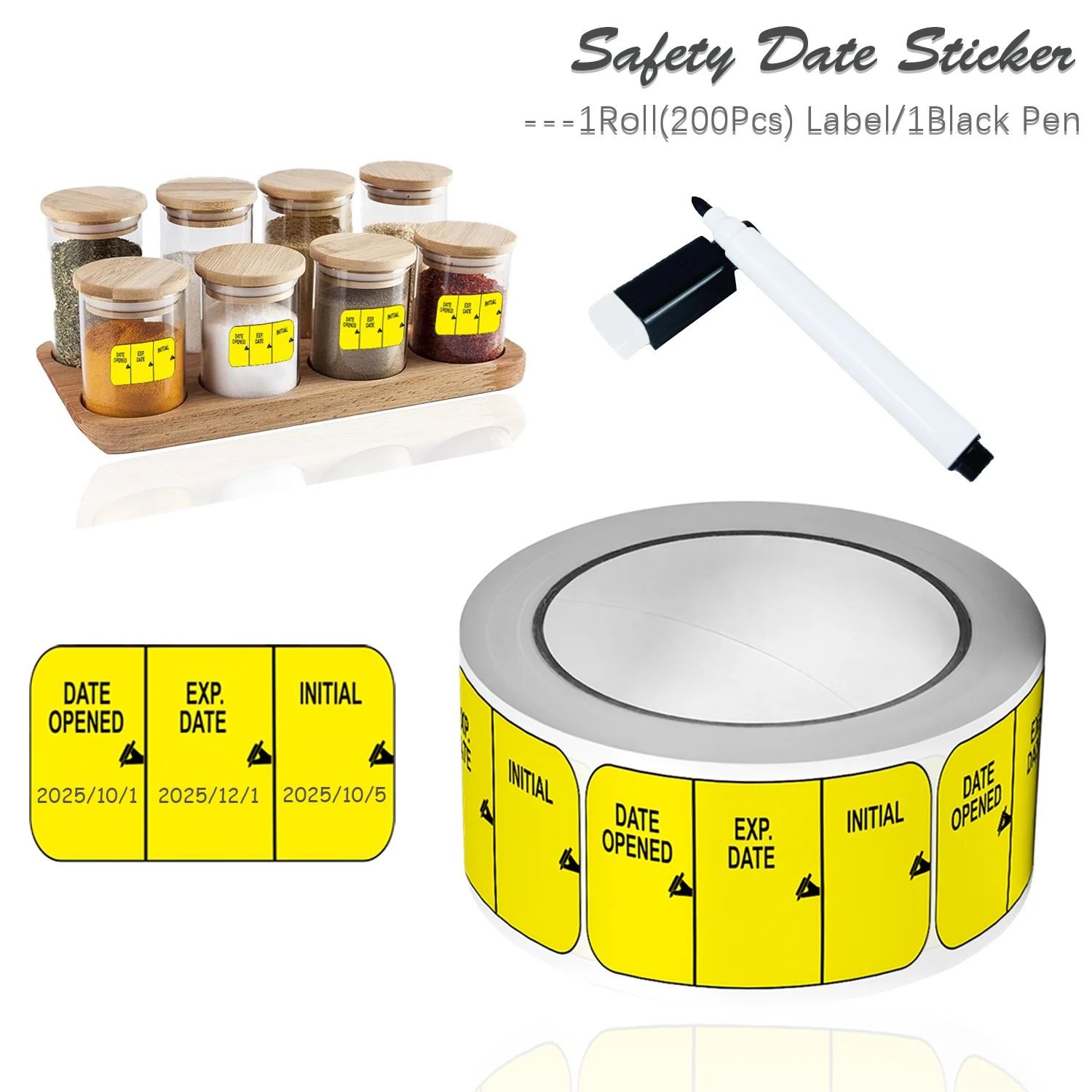 1 لفة (200 قطعة) تاريخ مفتوح/EXP. التاريخ/ملصقات أولية مع قلم أسود قابل للمسح 0.98*1.57 بوصة ملصقات مؤشر مخزن الفريزر لتاريخ الأمان