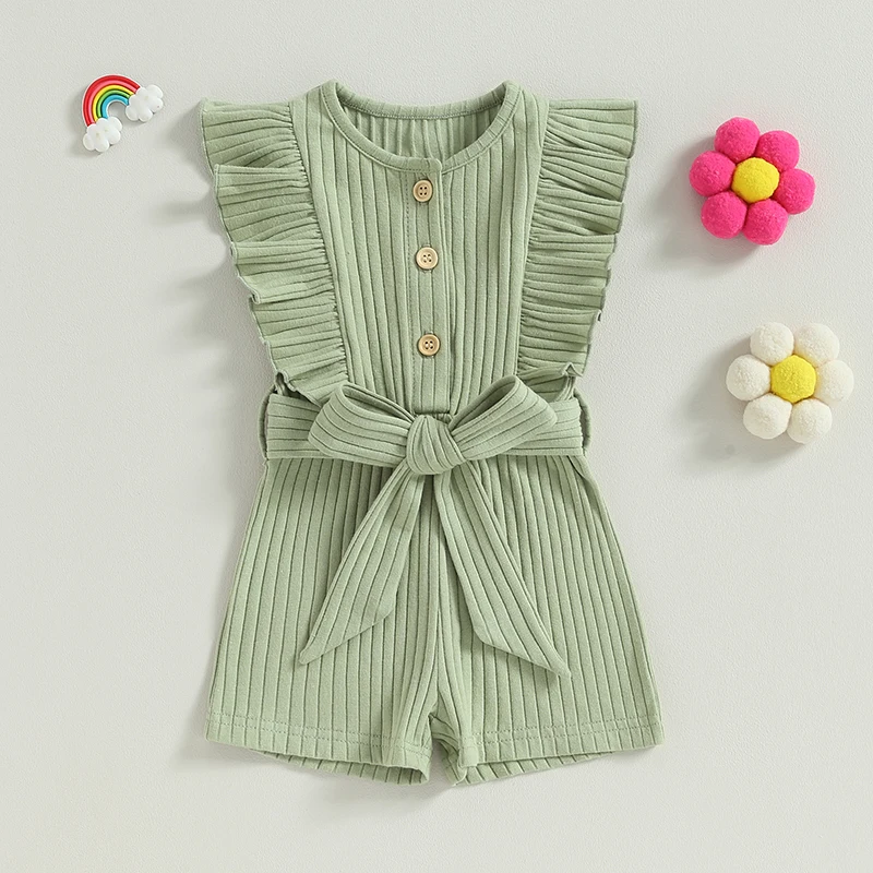 

Toddler Baby Girl Clothes Rompers Ribbed Ruffle Sleeveless Button Belted Romper Short Jumpsuit Overalls Summer Outfit