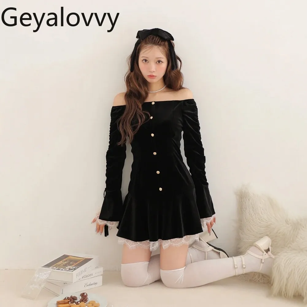 

Japanese Style Flared Long Sleeve Lace Patchwork Dress Sweet Girl Off-Shoulder Velvet High Waist Slim Fit Short Dresses