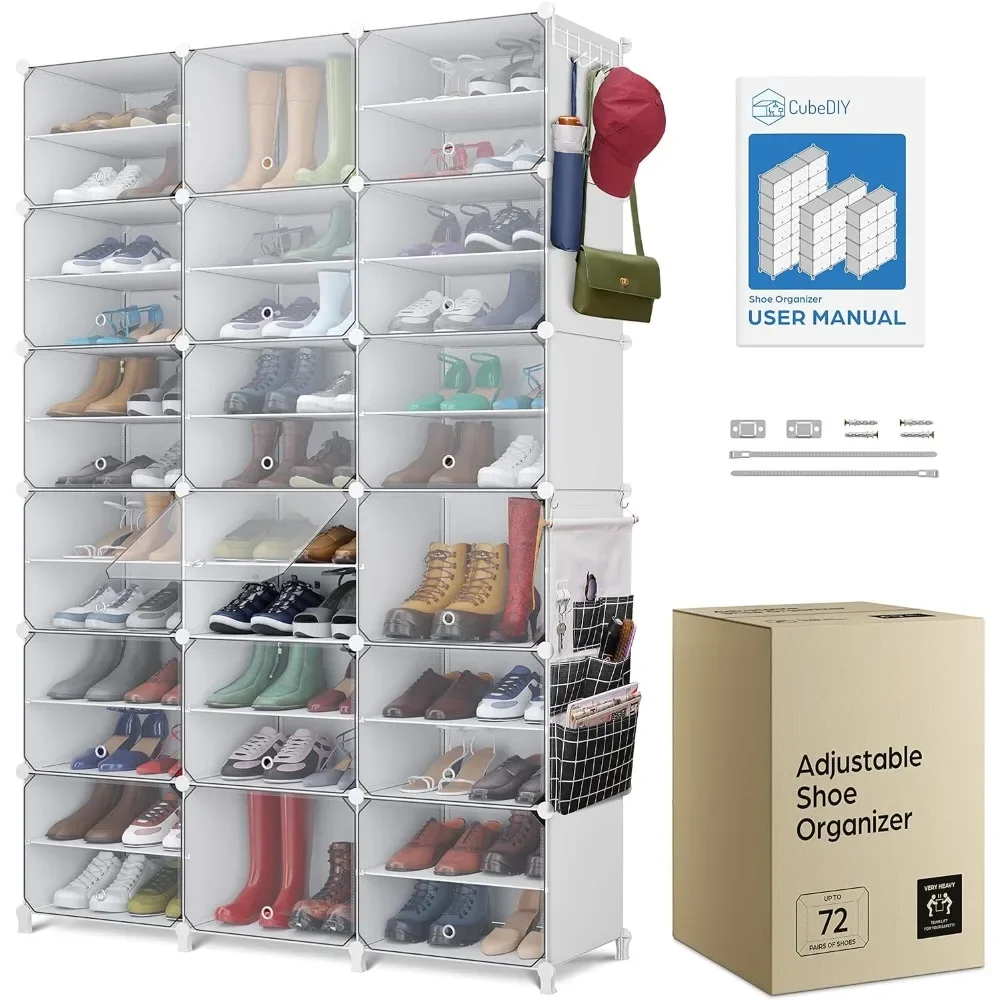 Shoe Organizer Cabinet Up to 72 Pairs, Portable Shoe Rack with See-Through Door (Clear, Plastic, Stackable) with Covers, Hooks