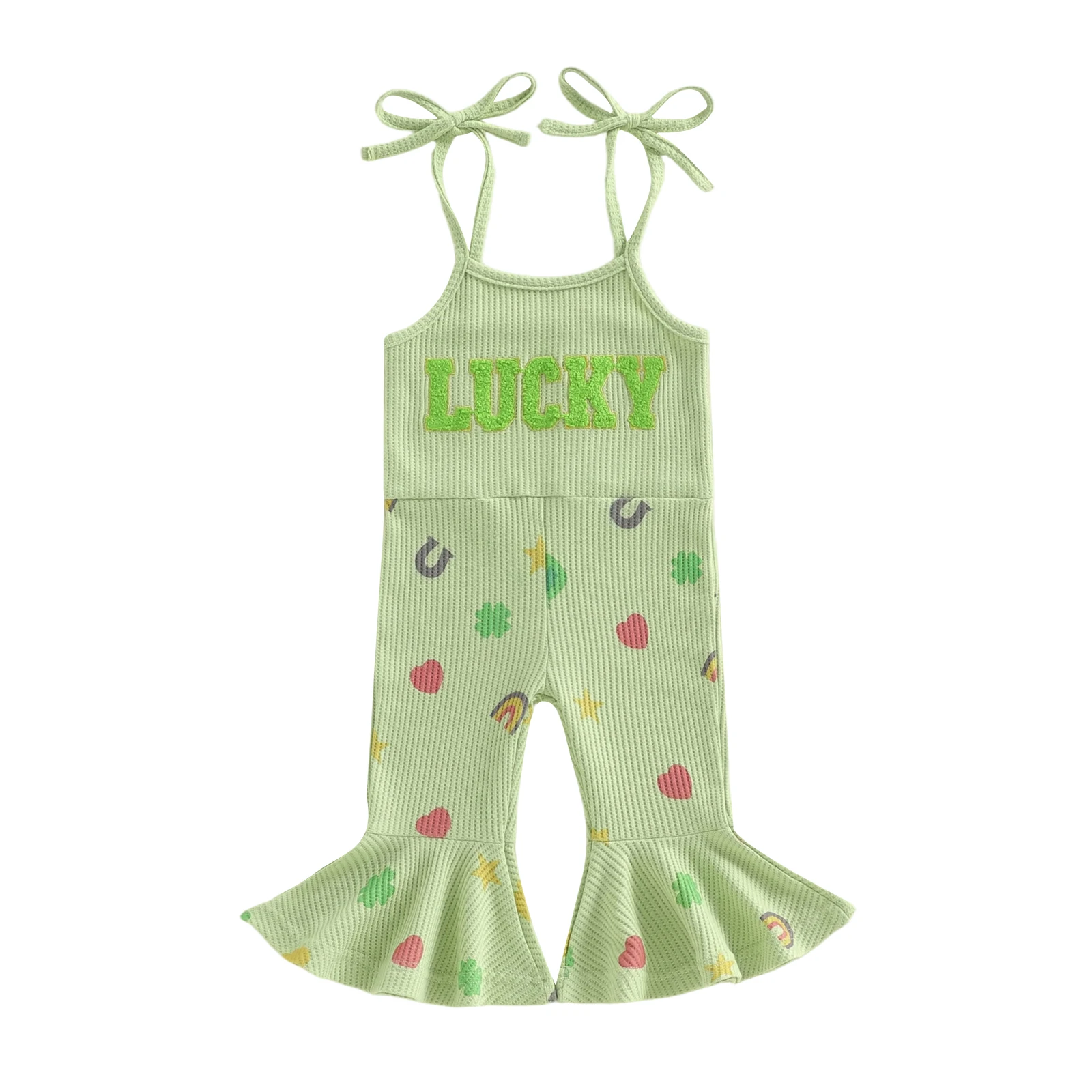 

Toddler Baby Girls Irish Jumpsuits Fashionable Cute Letters Embroidery Sleeveless Bell-Bottom Overalls