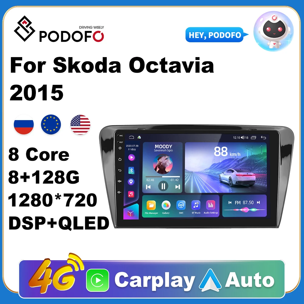 

Podofo Car Android CarPlay Radio Multimedia Player For Skoda Octavia 2015 2 Din Autoradio Video AI Voice GPS Navi 4G WiFi