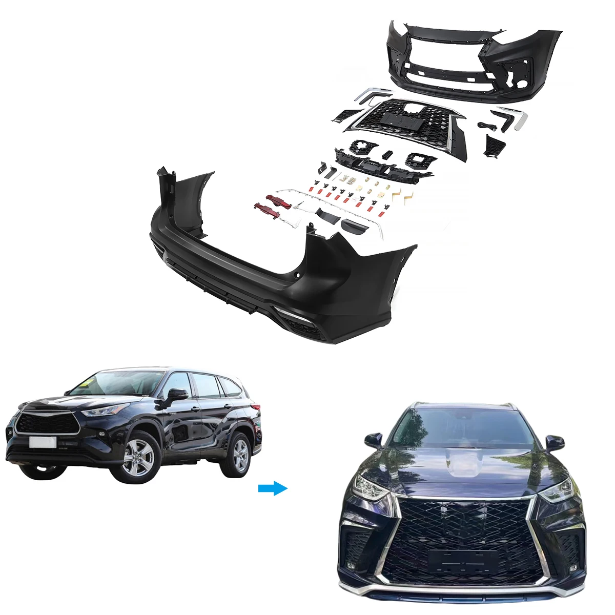 

Горячий комплект кузова для Highlander 2022 2023, комплект кузова для Highlander To Lexus, автомобильный комплект для Highlander, бампер с решеткой