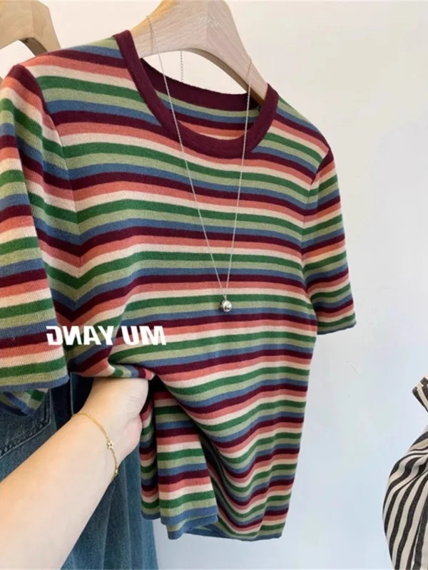 

Korean Style round Neck Short Sleeve Ice Silk Knitted Top Women's Fashionable Unique Summer T-Shirt Soft Comfortable Breathable