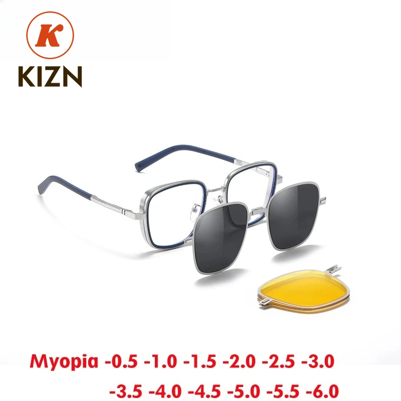 

KIZN 3 в 1, солнцезащитные очки для близорукости, складная многофункциональная оправа с магнитными зажимами, поляризационные мужские и женские очки по индивидуальному заказу, от -0,50 до -10