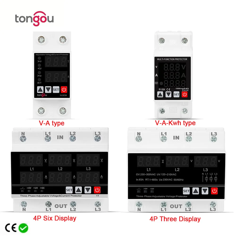 Din Rail Dual Display Adjustable Over Voltage Current and Under Voltage Protective Device Protector Relay 63A 230V